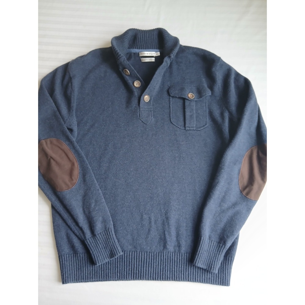 Peter Millar Navy Crewneck Sweater with Brown Elbow Patches